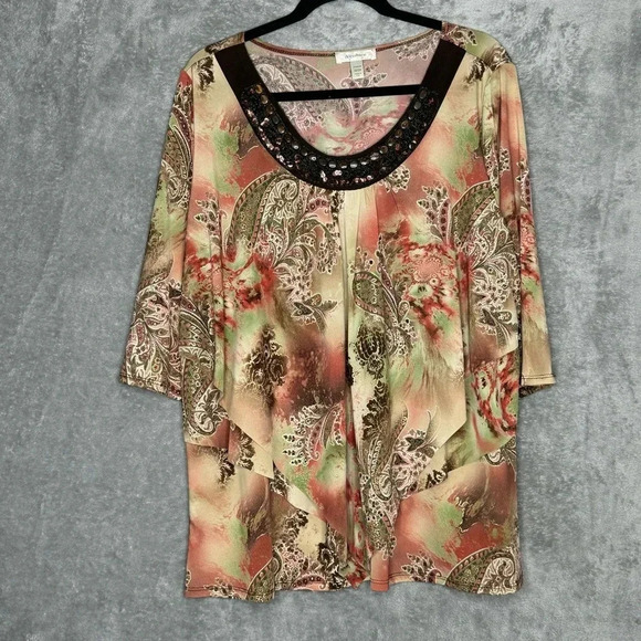 Dressbarn 22 24 2X Shirt Top Green Red Paisley 3/4 Sleeve Scoop Neck Embellished - Picture 1 of 7
